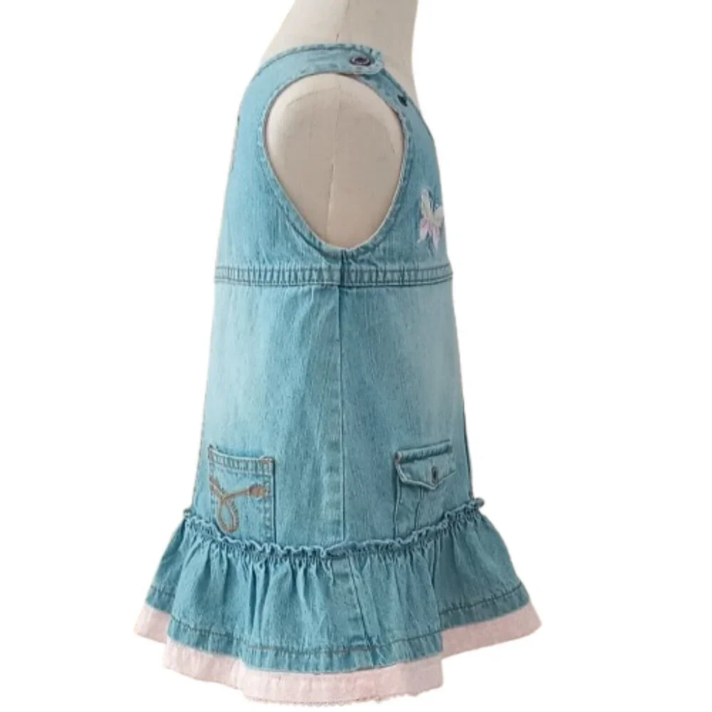 Embroidered Denim Overall Dress 9-12M Pink Ruffle Hem and Butterflies Pockets